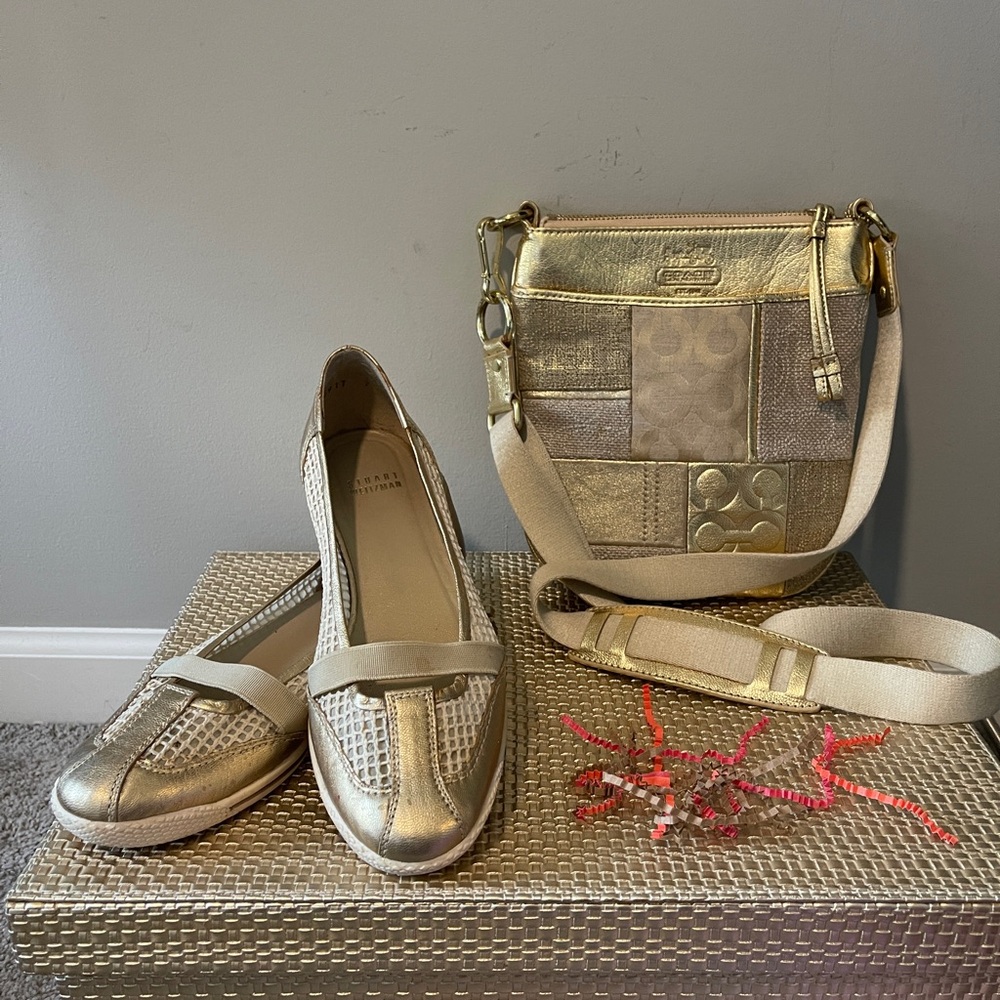 EUC Classic Stuart Weitzman Slip On Flats, Leather, Tan/Gold, Women’s Size 7